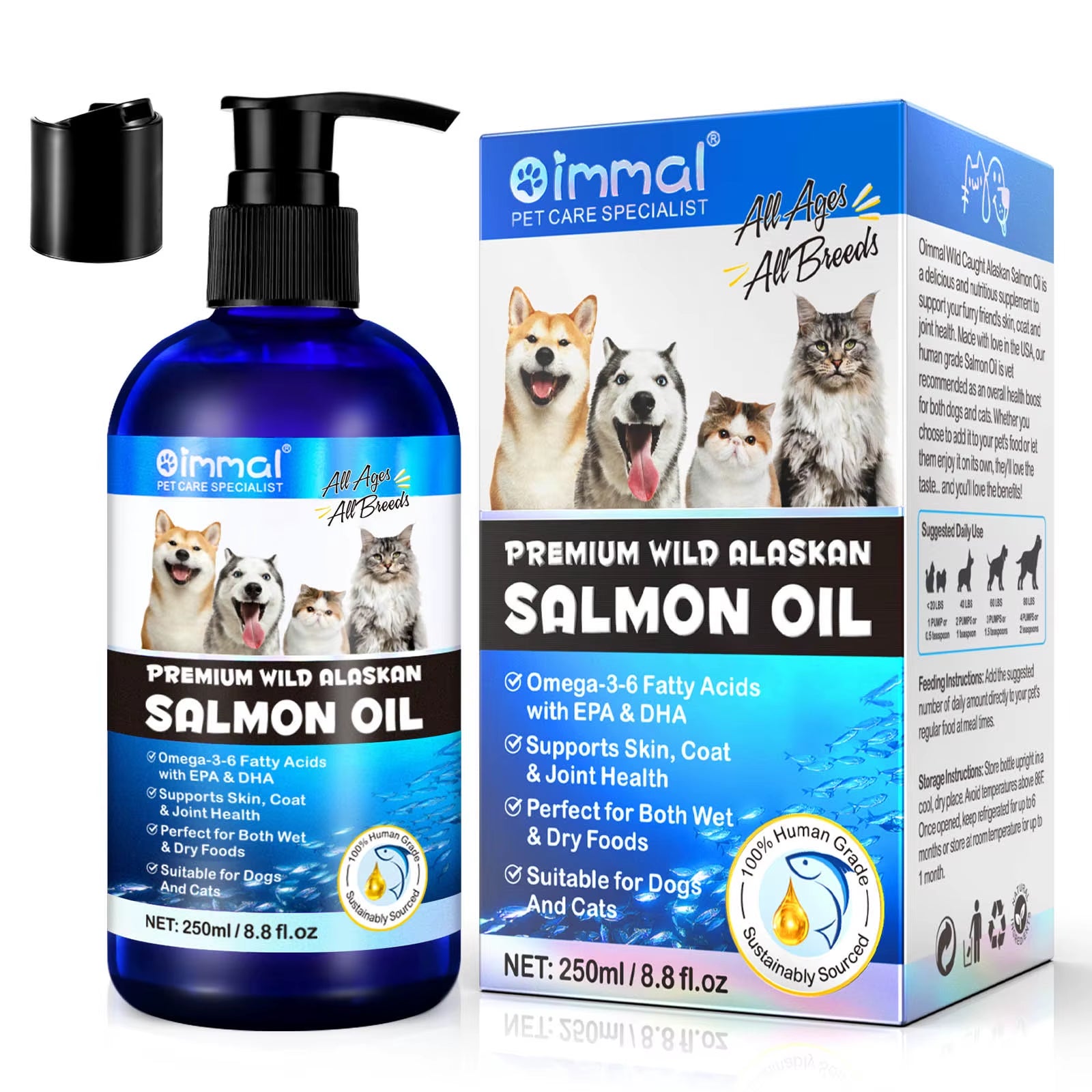 Premium Wild Alaskan Salmon Oil Omega-3-6 Fatty Acids with EPA DHA Supports Skin Coat Joint Health for All Ages Breeds Dogs Cats