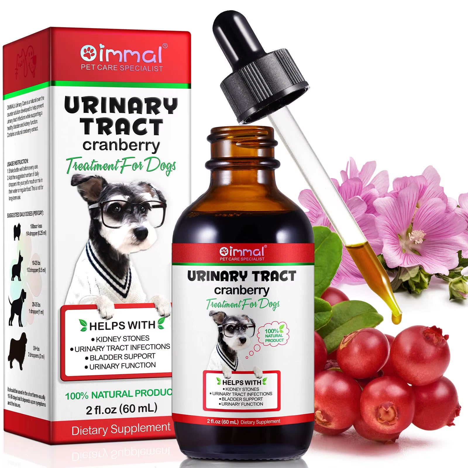Urinary Tract Cranberry Kidney Stones Bladder Support Urinary Function 100% Natural Product 2 Fl.Oz 60 Ml Dietary Drops for Dogs