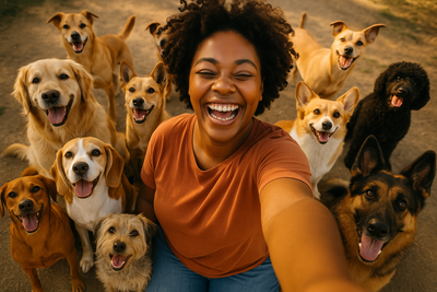 black women with a lot of dogs selfie shot style