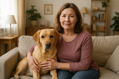 create me a middle-aged woman with her dog with a normal house background