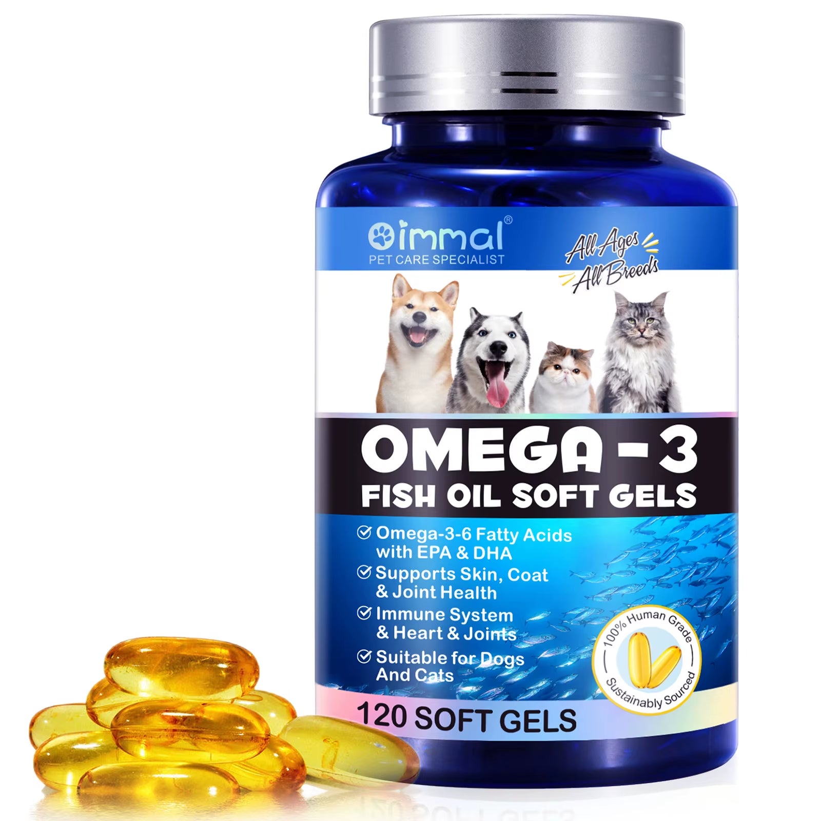 Fish Oil Soft Gels Omega-3 Fatty Acids for Dogs & Cats with EPA & DHA Promotes Heart Skin Coat Joint Support Pets Immune Health