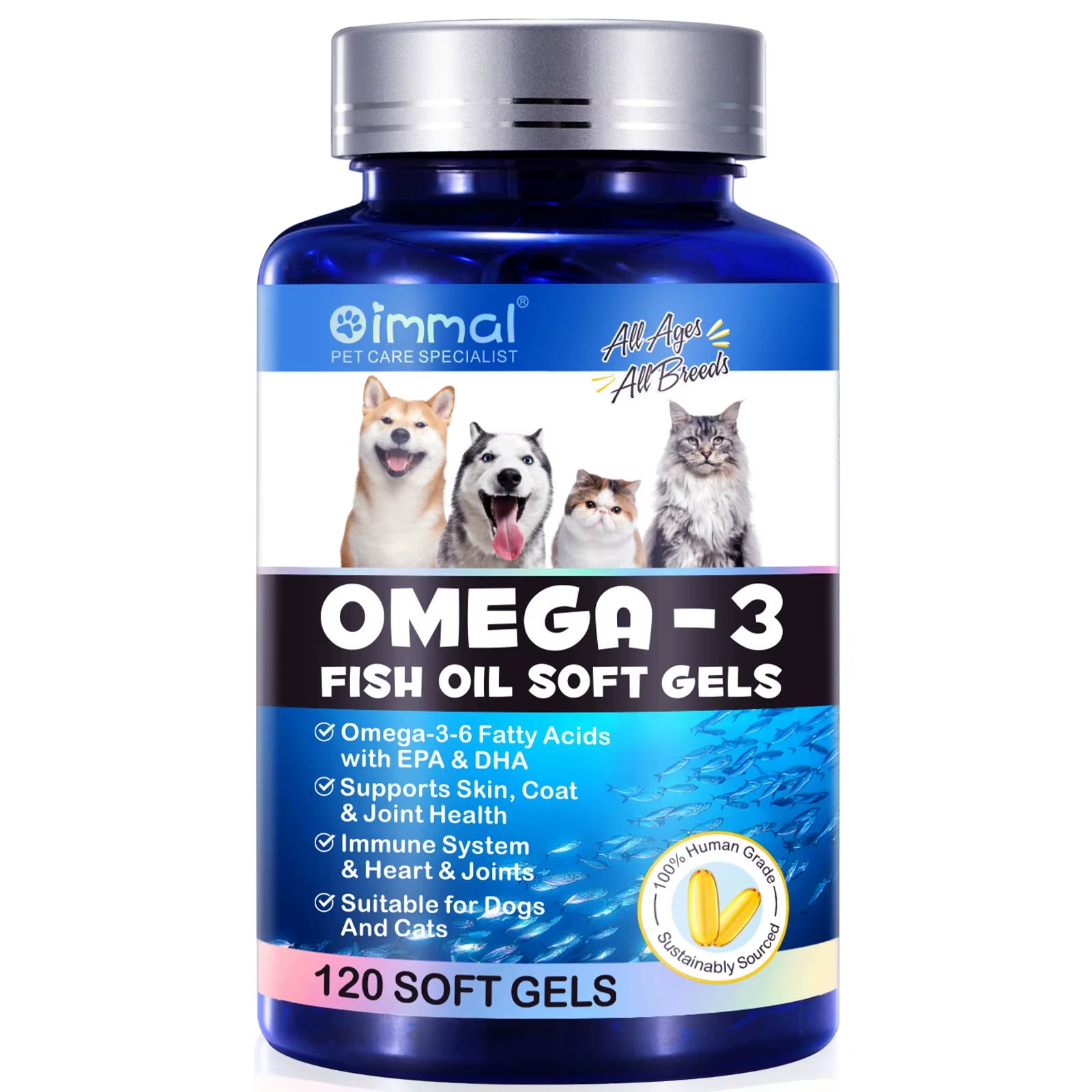 Fish Oil Soft Gels Omega-3 Fatty Acids for Dogs & Cats with EPA & DHA Promotes Heart Skin Coat Joint Support Pets Immune Health