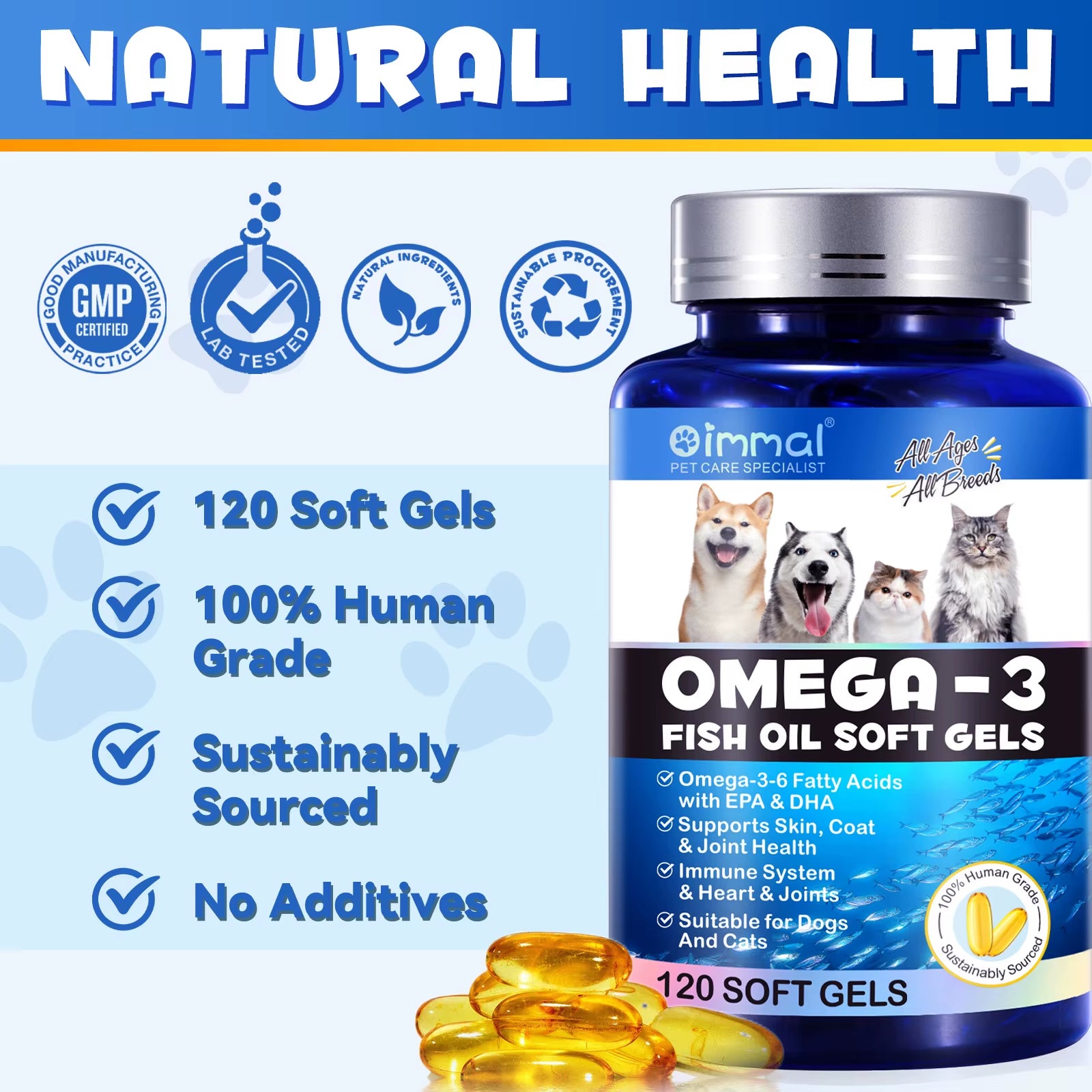 Fish Oil Soft Gels Omega-3 Fatty Acids for Dogs & Cats with EPA & DHA Promotes Heart Skin Coat Joint Support Pets Immune Health