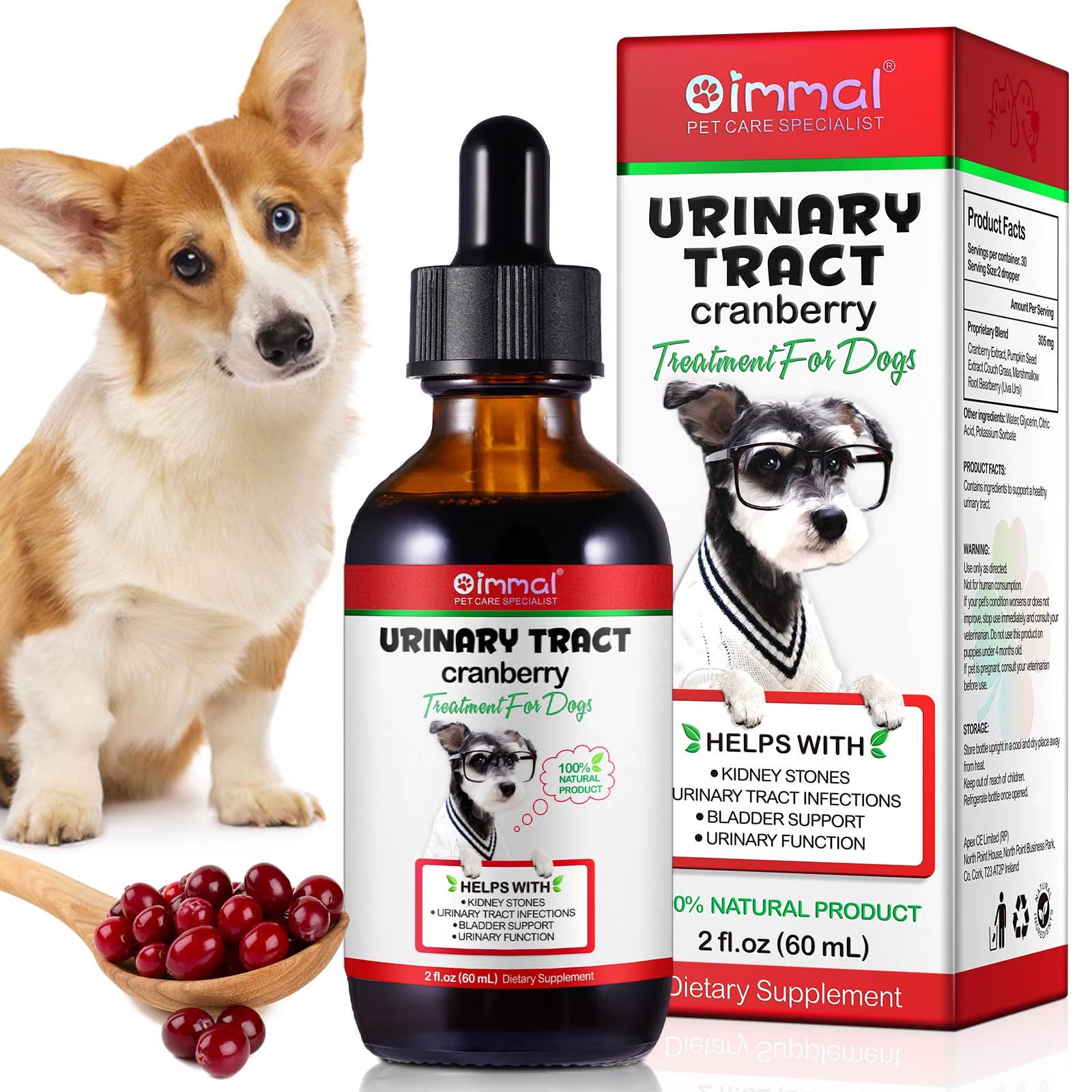 Urinary Tract Cranberry Kidney Stones Bladder Support Urinary Function 100% Natural Product 2 Fl.Oz 60 Ml Dietary Drops for Dogs