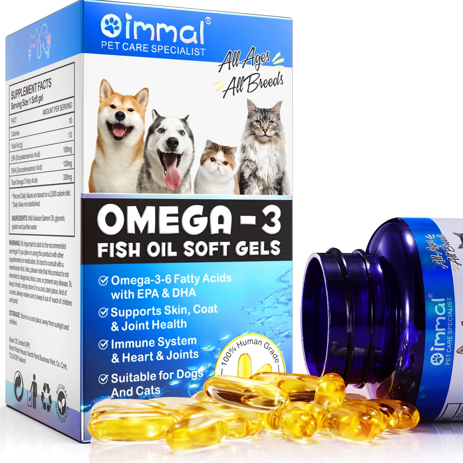 Fish Oil Soft Gels Omega-3 Fatty Acids for Dogs & Cats with EPA & DHA Promotes Heart Skin Coat Joint Support Pets Immune Health
