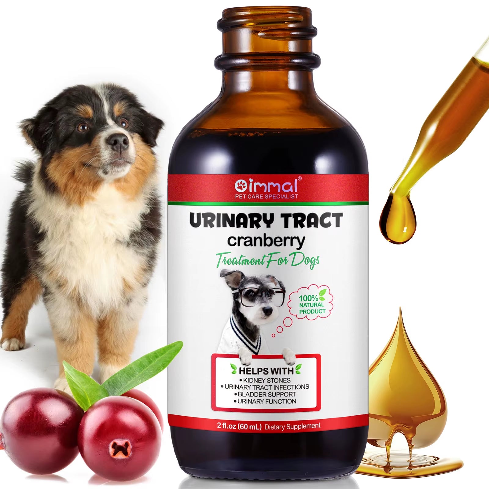 Urinary Tract Cranberry Kidney Stones Bladder Support Urinary Function 100% Natural Product 2 Fl.Oz 60 Ml Dietary Drops for Dogs