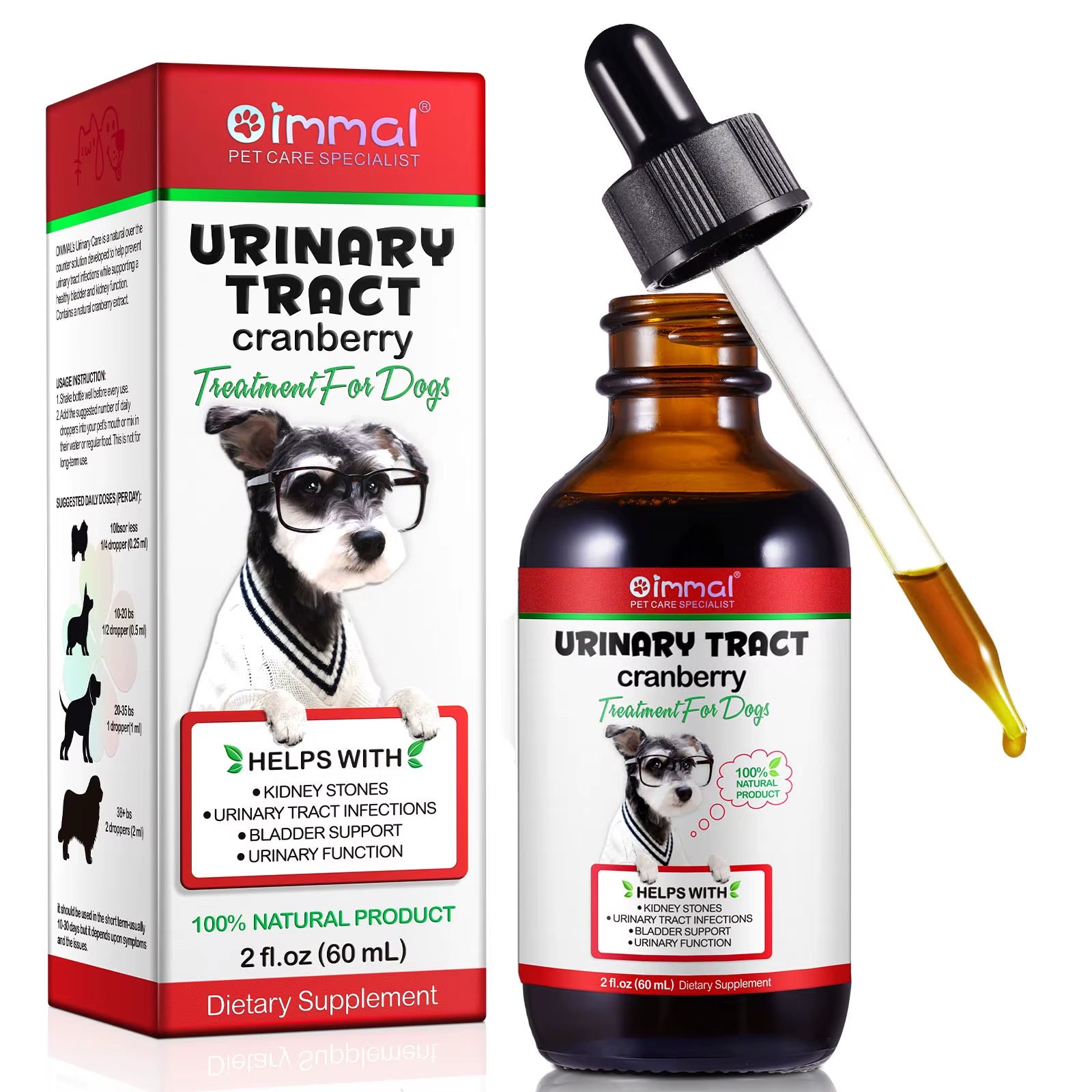 Urinary Tract Cranberry Kidney Stones Bladder Support Urinary Function 100% Natural Product 2 Fl.Oz 60 Ml Dietary Drops for Dogs