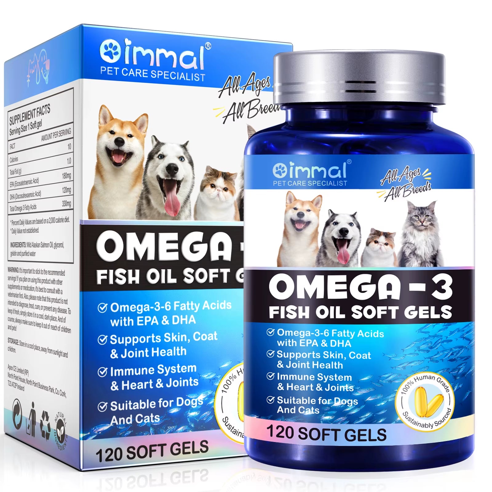 Fish Oil Soft Gels Omega-3 Fatty Acids for Dogs & Cats with EPA & DHA Promotes Heart Skin Coat Joint Support Pets Immune Health